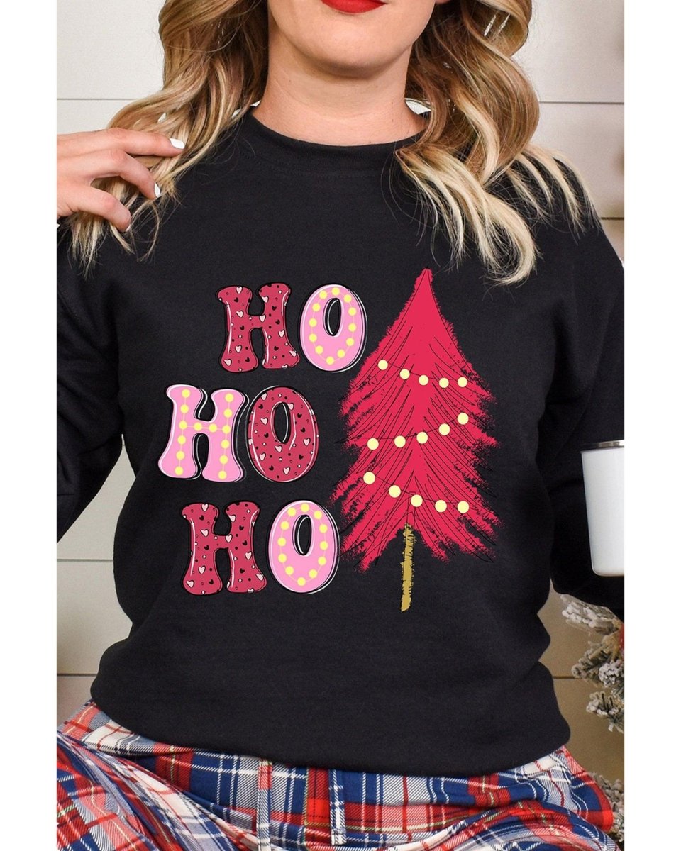 Black HO HO HO Christmas Tree Graphic Pullover Sweatshirt - M