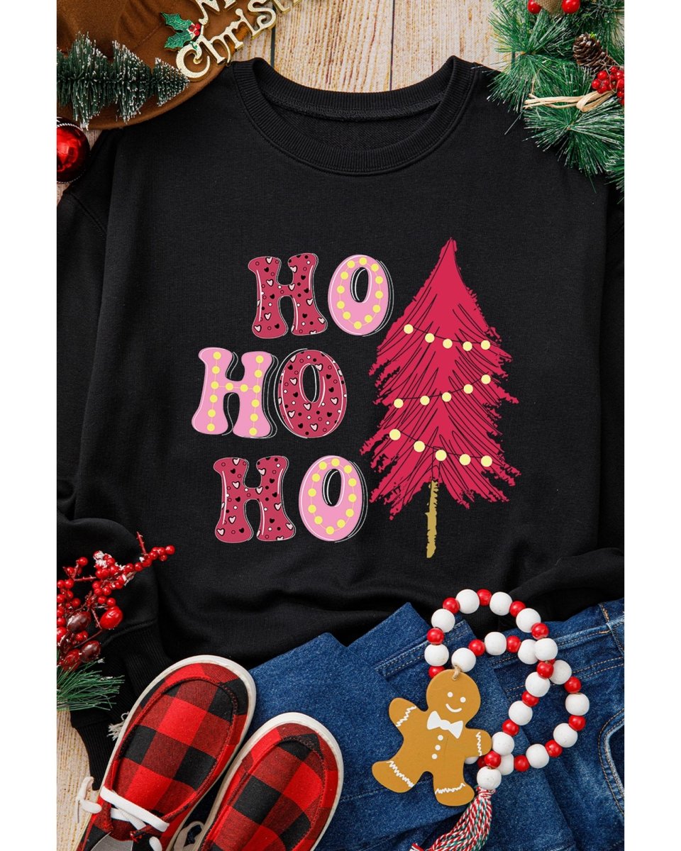 Black HO HO HO Christmas Tree Graphic Pullover Sweatshirt - XL