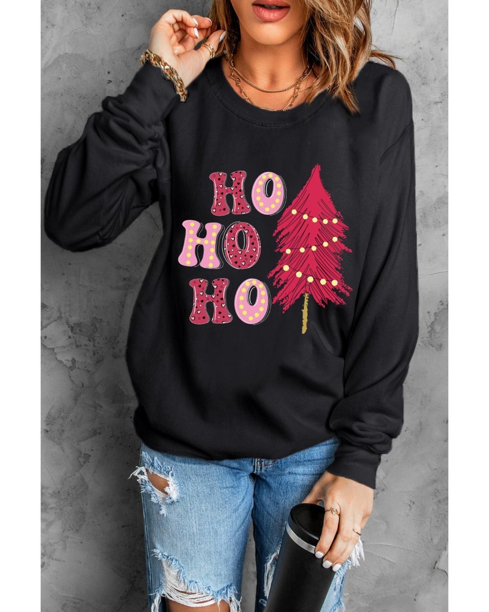 Black HO HO HO Christmas Tree Graphic Pullover Sweatshirt - XL