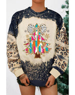 Black Christmas Tree Graphic Bleached Leopard Tie Dye Sweatshirt - S