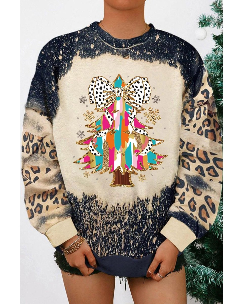 Black Christmas Tree Graphic Bleached Leopard Tie Dye Sweatshirt - S