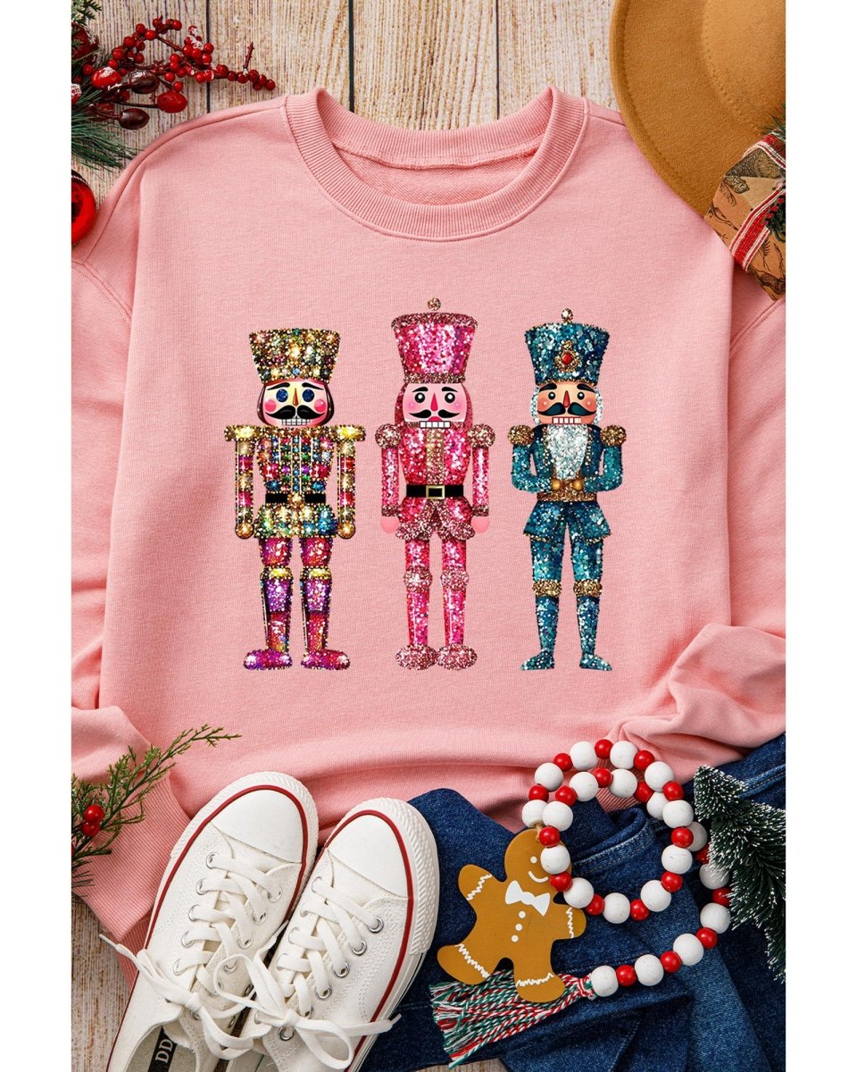 Pink Shimmer Nutcracker Graphic Christmas Pullover Sweatshirt - L