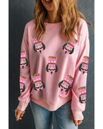 Pink Sequin Nutcracker Graphic Drop Shoulder Christmas Sweatshirt - L