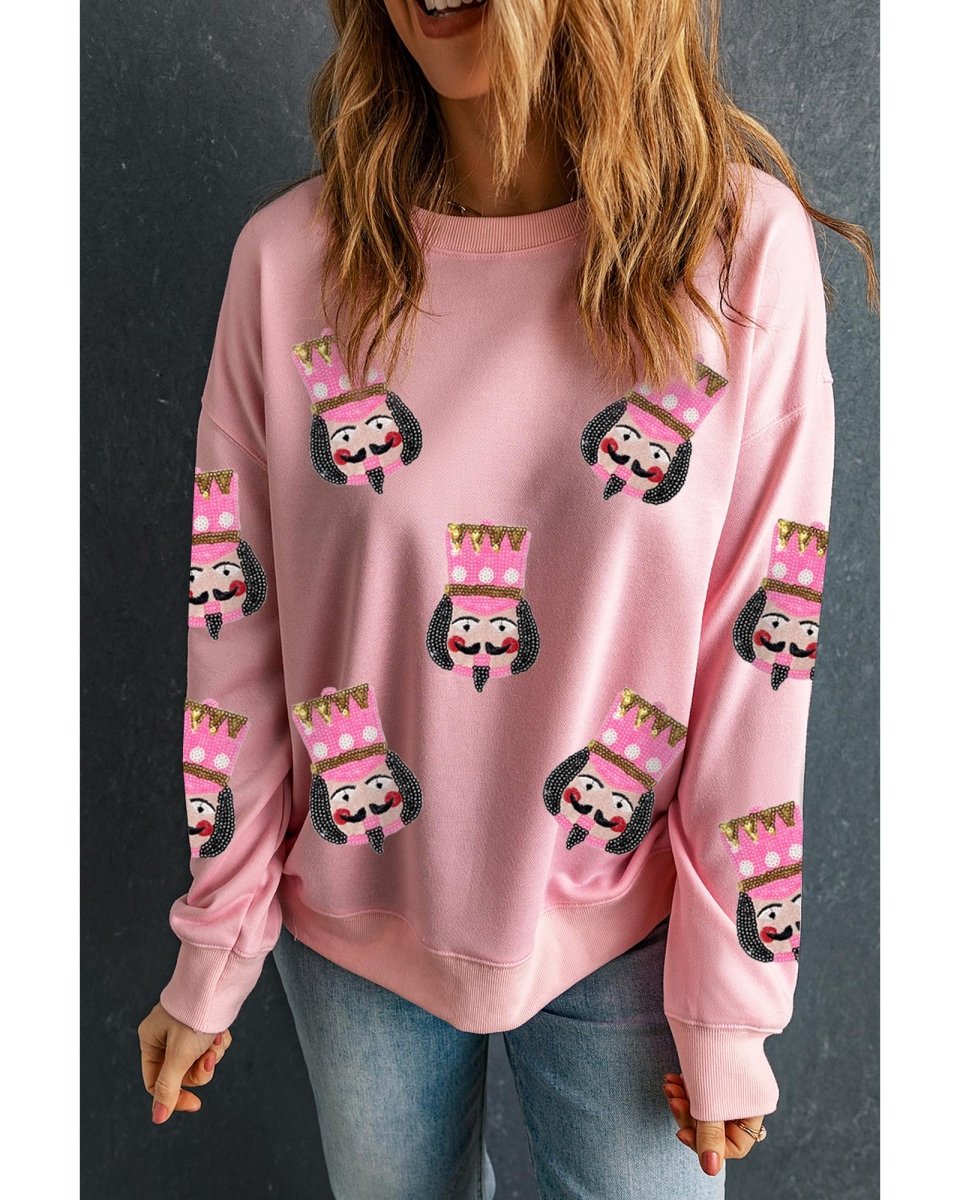 Pink Sequin Nutcracker Graphic Drop Shoulder Christmas Sweatshirt - L