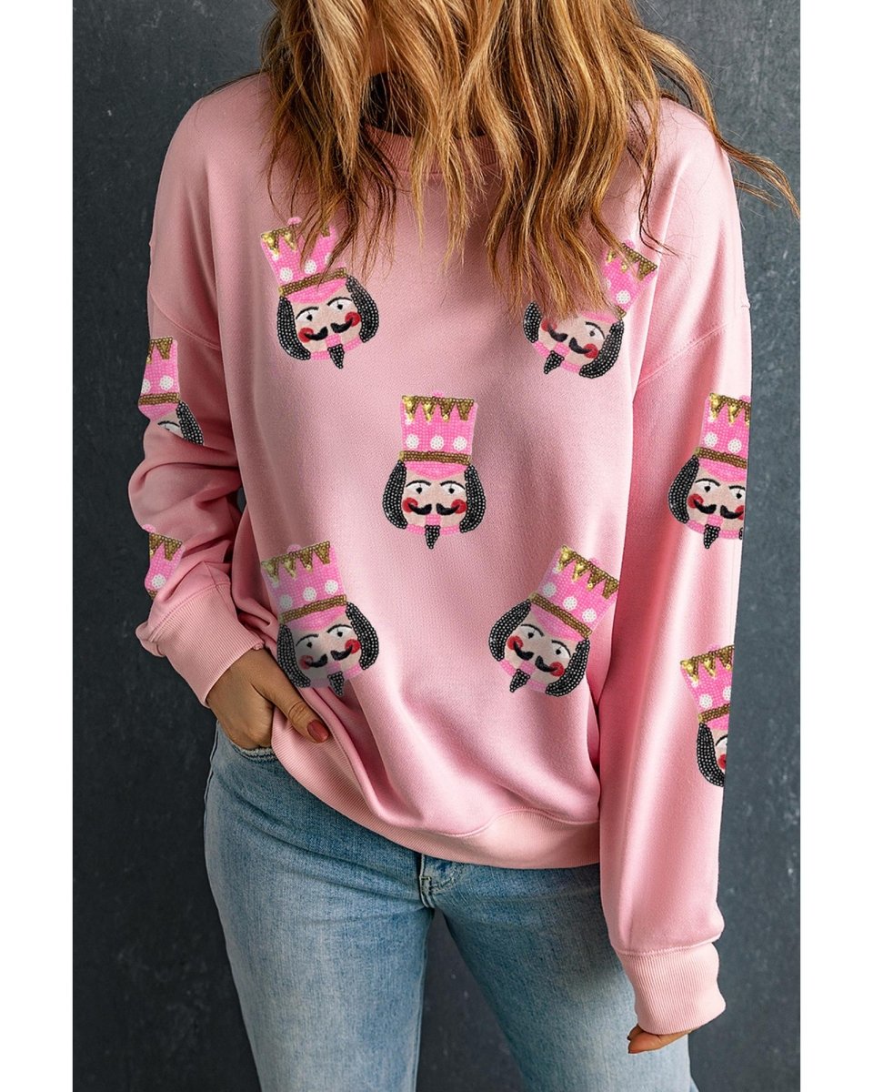 Pink Sequin Nutcracker Graphic Drop Shoulder Christmas Sweatshirt - L