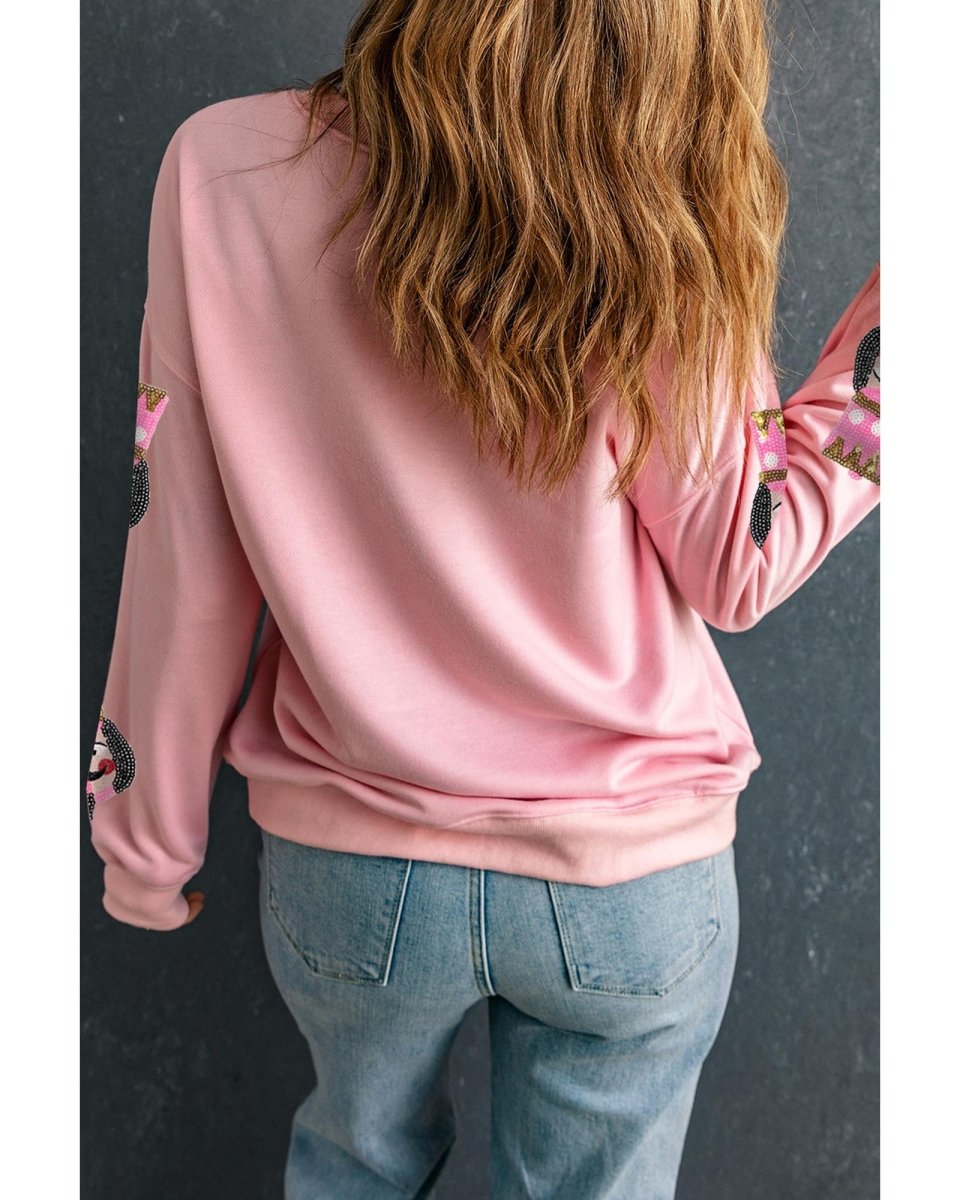 Pink Sequin Nutcracker Graphic Drop Shoulder Christmas Sweatshirt - M