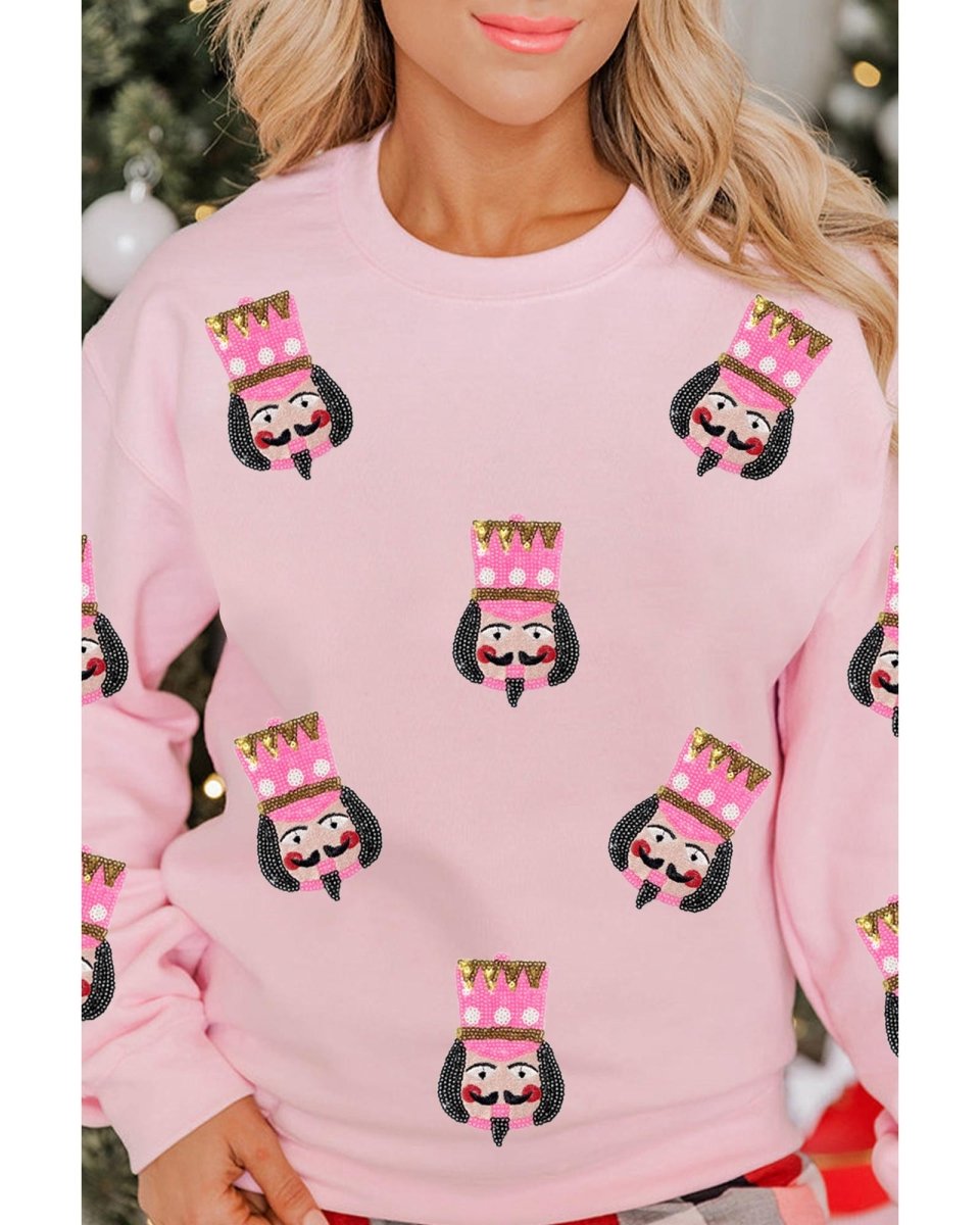 Pink Sequin Nutcracker Graphic Drop Shoulder Christmas Sweatshirt - S