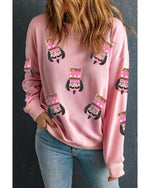 Pink Sequin Nutcracker Graphic Drop Shoulder Christmas Sweatshirt - S