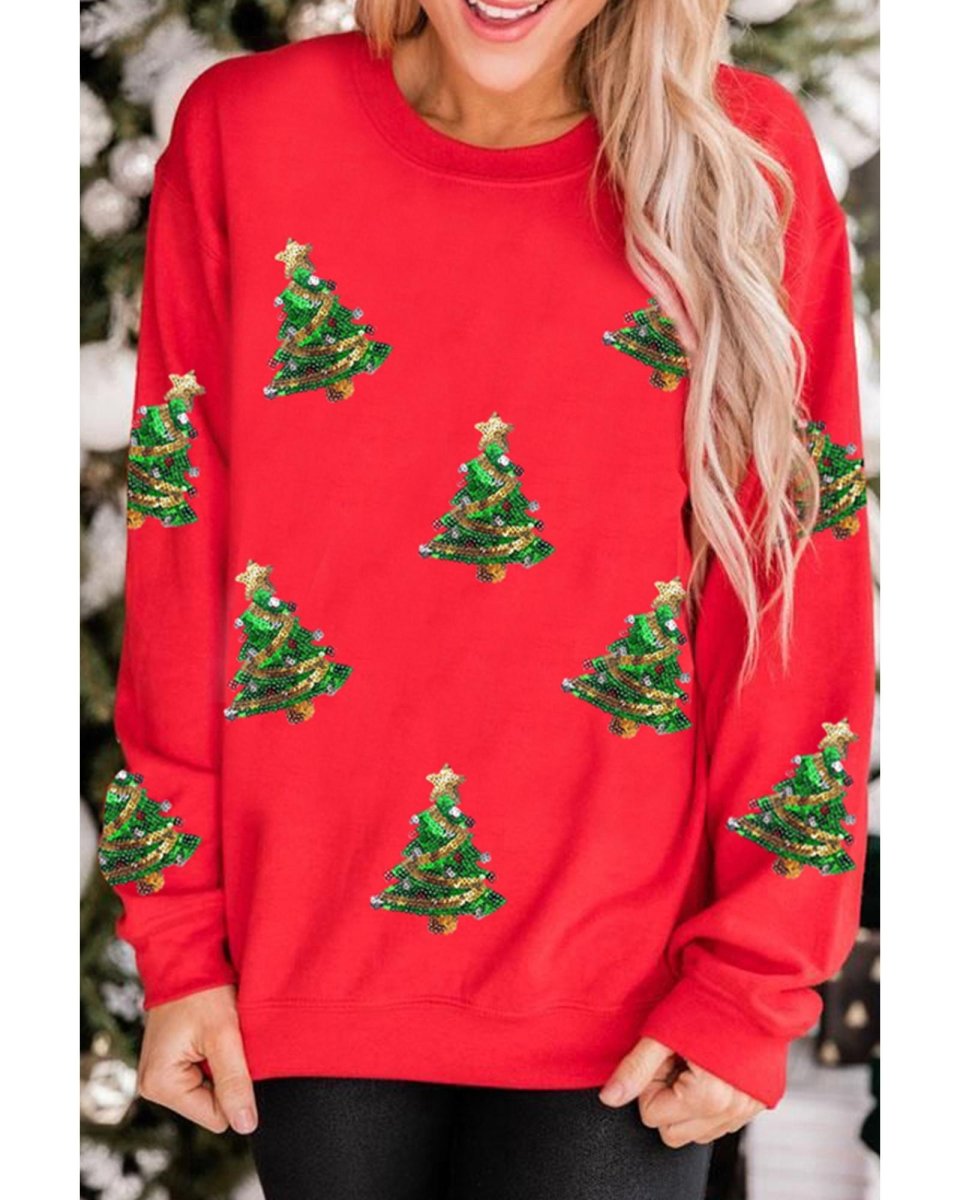 Red Sequin Christmas Tree Graphic Drop Shoulder Sweatshirt - L