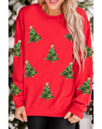 Red Sequin Christmas Tree Graphic Drop Shoulder Sweatshirt - S
