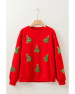 Red Sequin Christmas Tree Graphic Drop Shoulder Sweatshirt - S