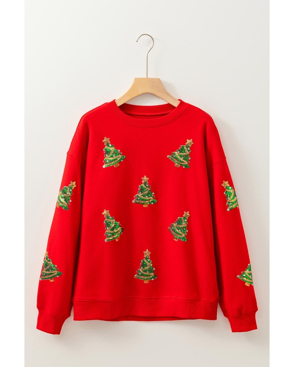 Red Sequin Christmas Tree Graphic Drop Shoulder Sweatshirt - S