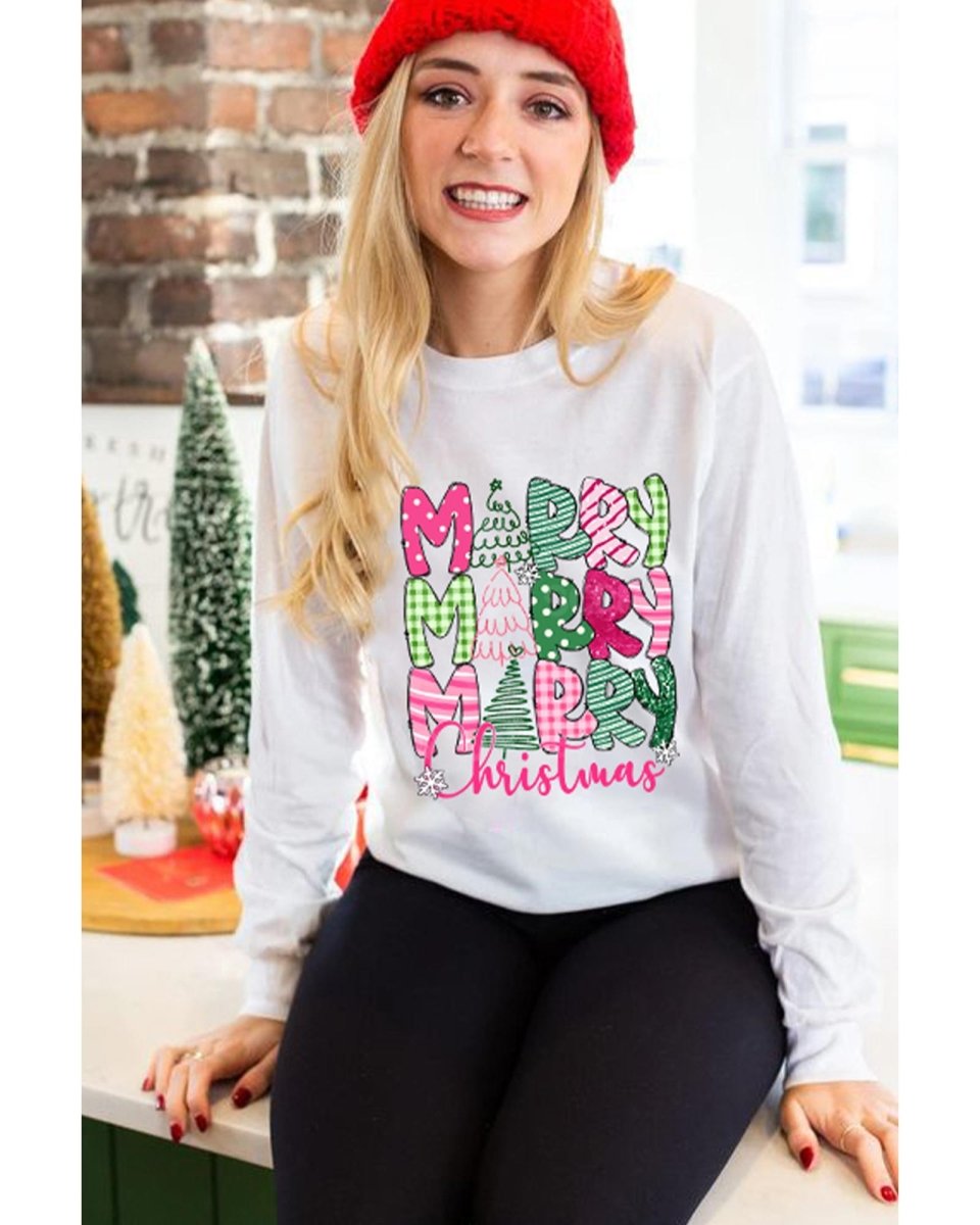 Beige MERRY Christmas Printed Drop Shoulder Pullover Sweatshirt - L