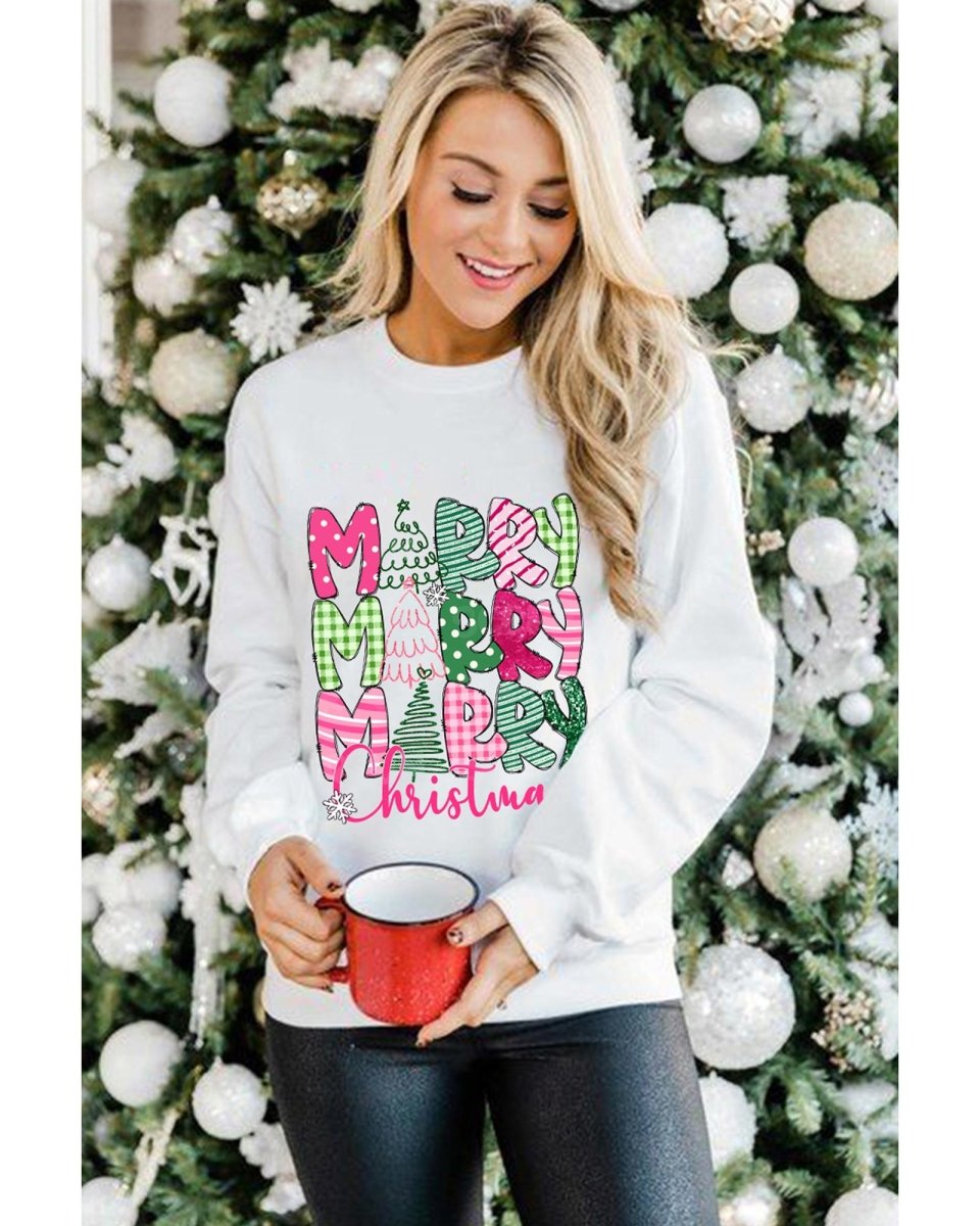Beige MERRY Christmas Printed Drop Shoulder Pullover Sweatshirt - L
