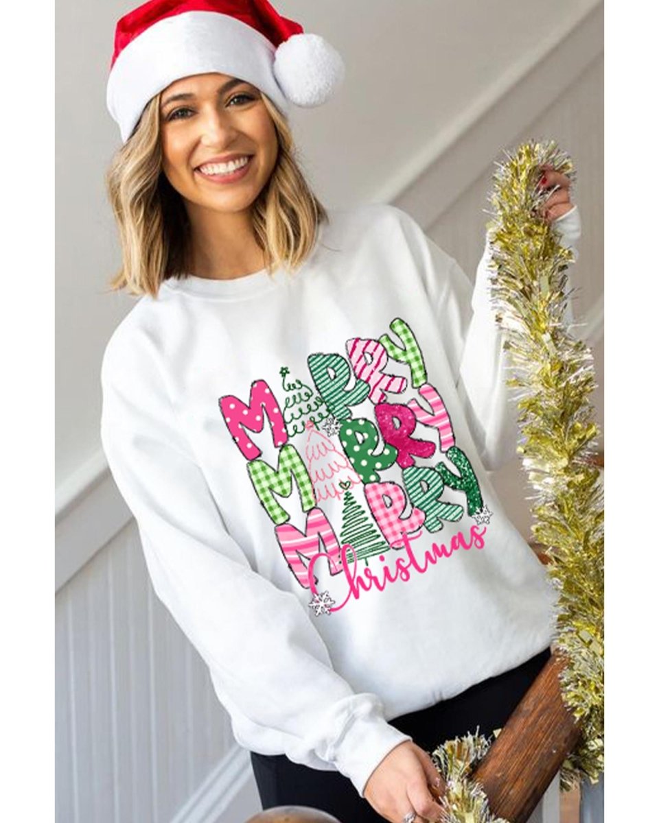 Beige MERRY Christmas Printed Drop Shoulder Pullover Sweatshirt - M