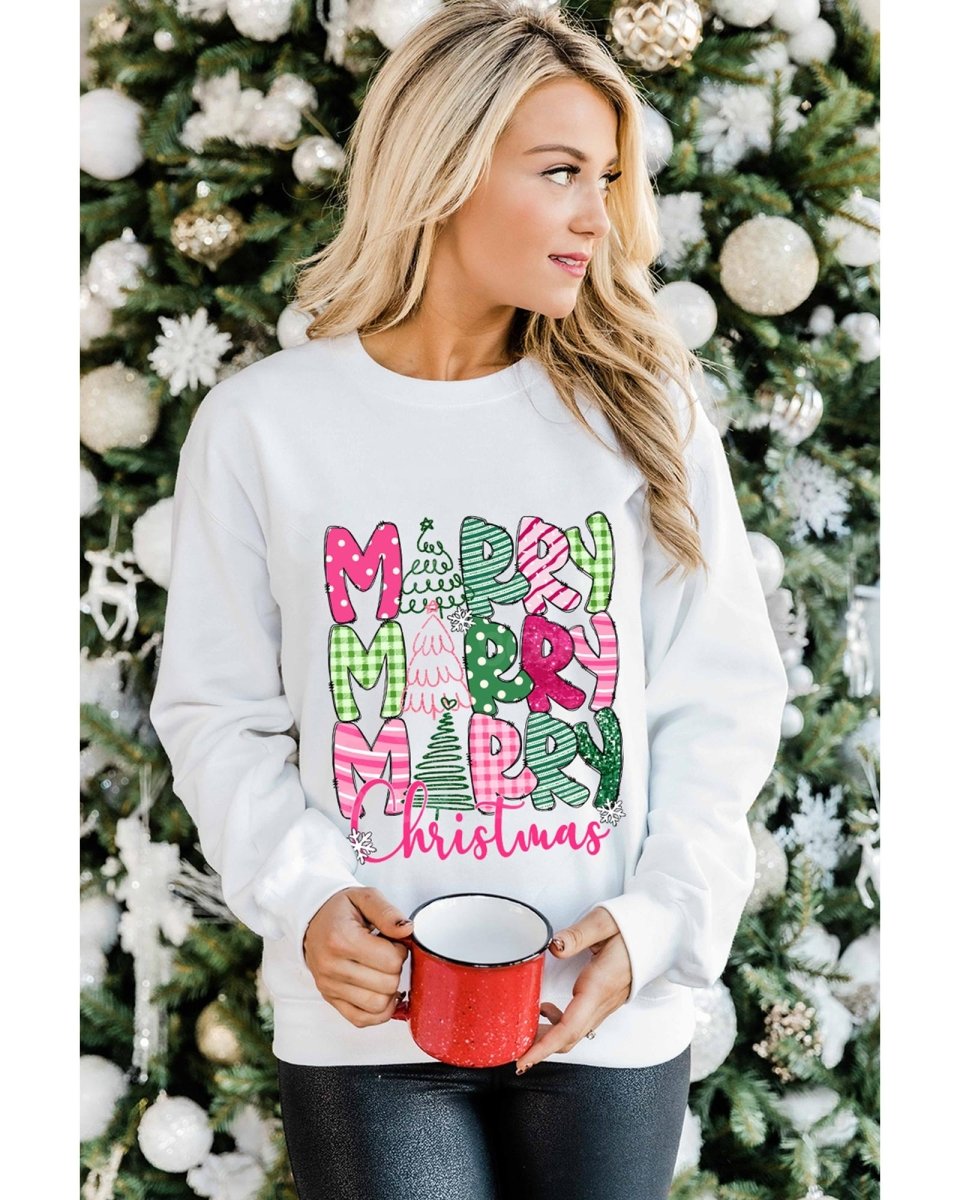 Beige MERRY Christmas Printed Drop Shoulder Pullover Sweatshirt - S