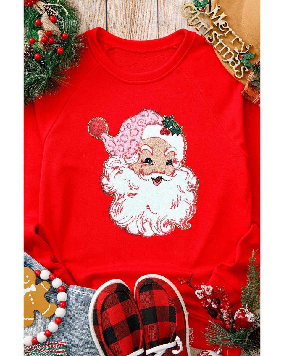 Red Santa Claus Graphic Crewneck Raglan Sleeve Christmas Sweatshirt - 2XL