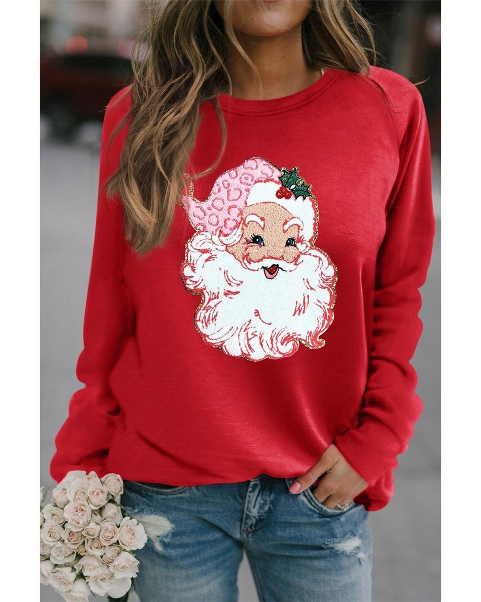 Red Santa Claus Graphic Crewneck Raglan Sleeve Christmas Sweatshirt - M