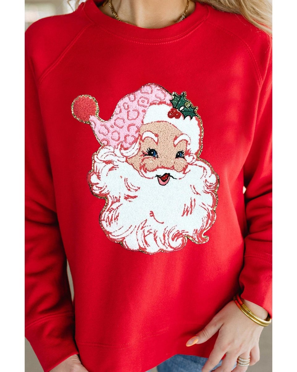 Red Santa Claus Graphic Crewneck Raglan Sleeve Christmas Sweatshirt - S