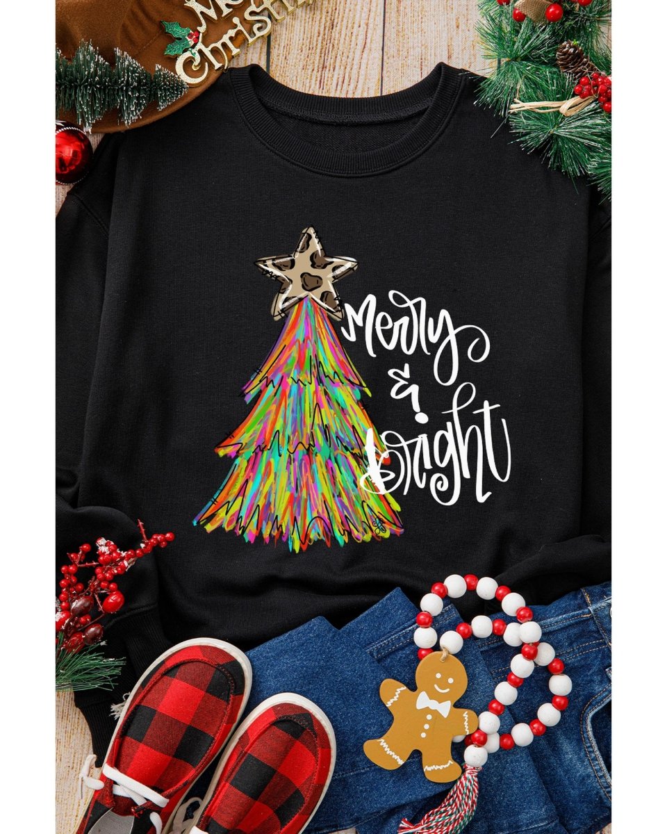 Black Merry & Bright Christmas Tree Graphic Sweatshirt - L