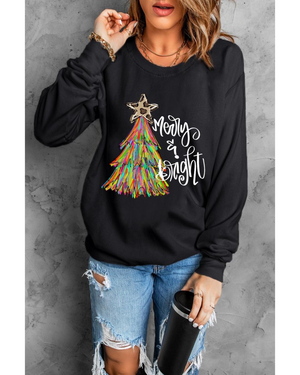 Black Merry & Bright Christmas Tree Graphic Sweatshirt - S