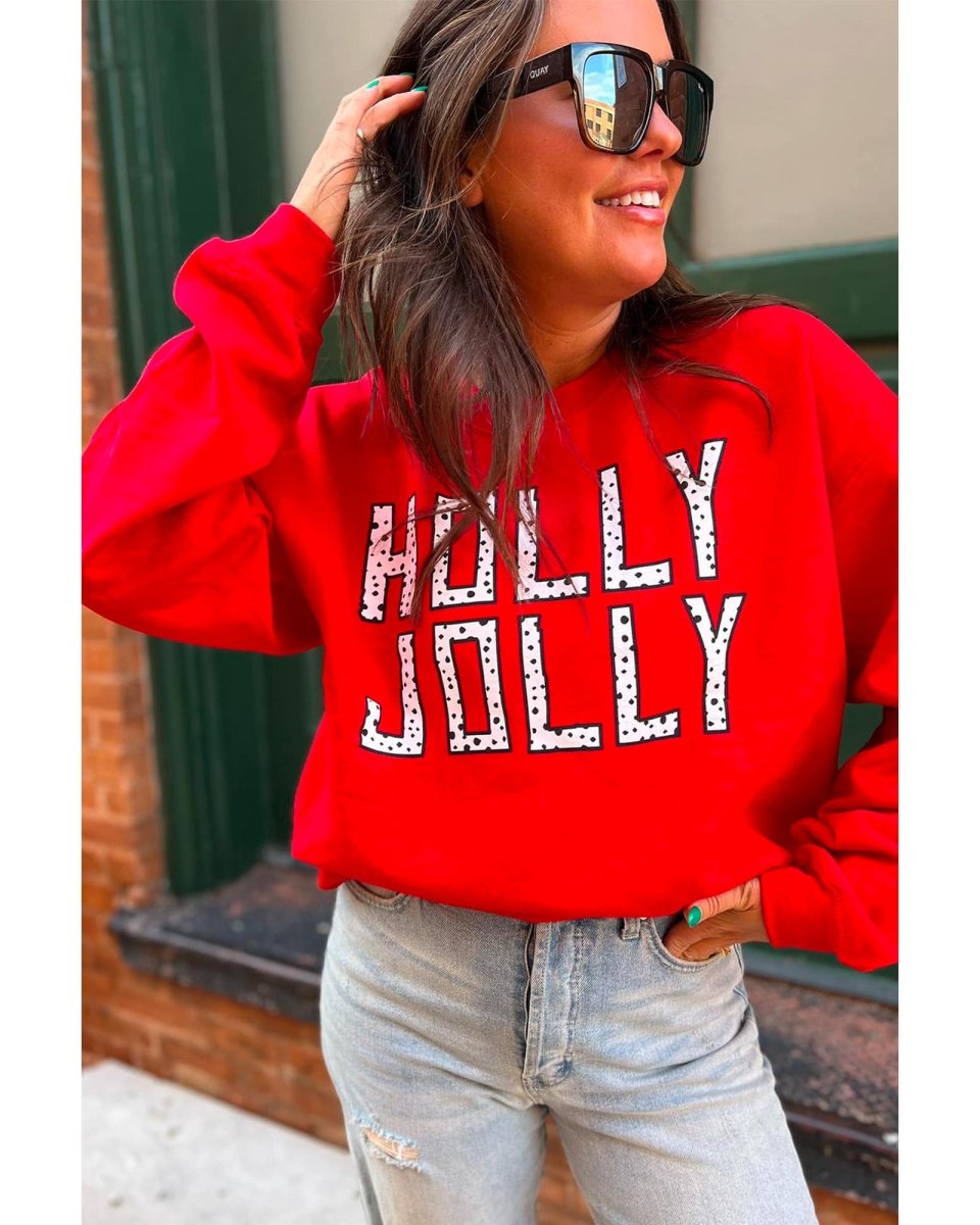Red HOLLY JOLLY Dotty Letter Graphic Christmas Sweatshirt - L