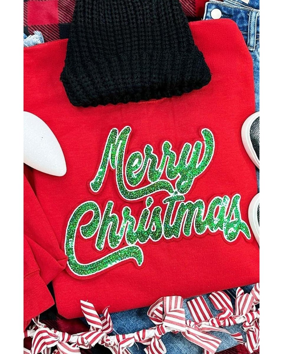 Red Merry Christmas Crewneck Drop Shoulder Loose Sweatshirt - L