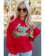 Red Merry Christmas Crewneck Drop Shoulder Loose Sweatshirt - S