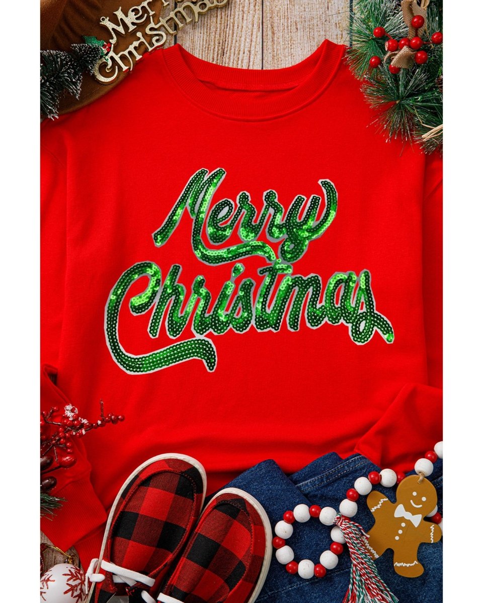 Red Merry Christmas Crewneck Drop Shoulder Loose Sweatshirt - S