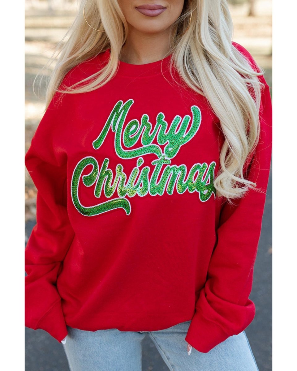 Red Merry Christmas Crewneck Drop Shoulder Loose Sweatshirt - XL