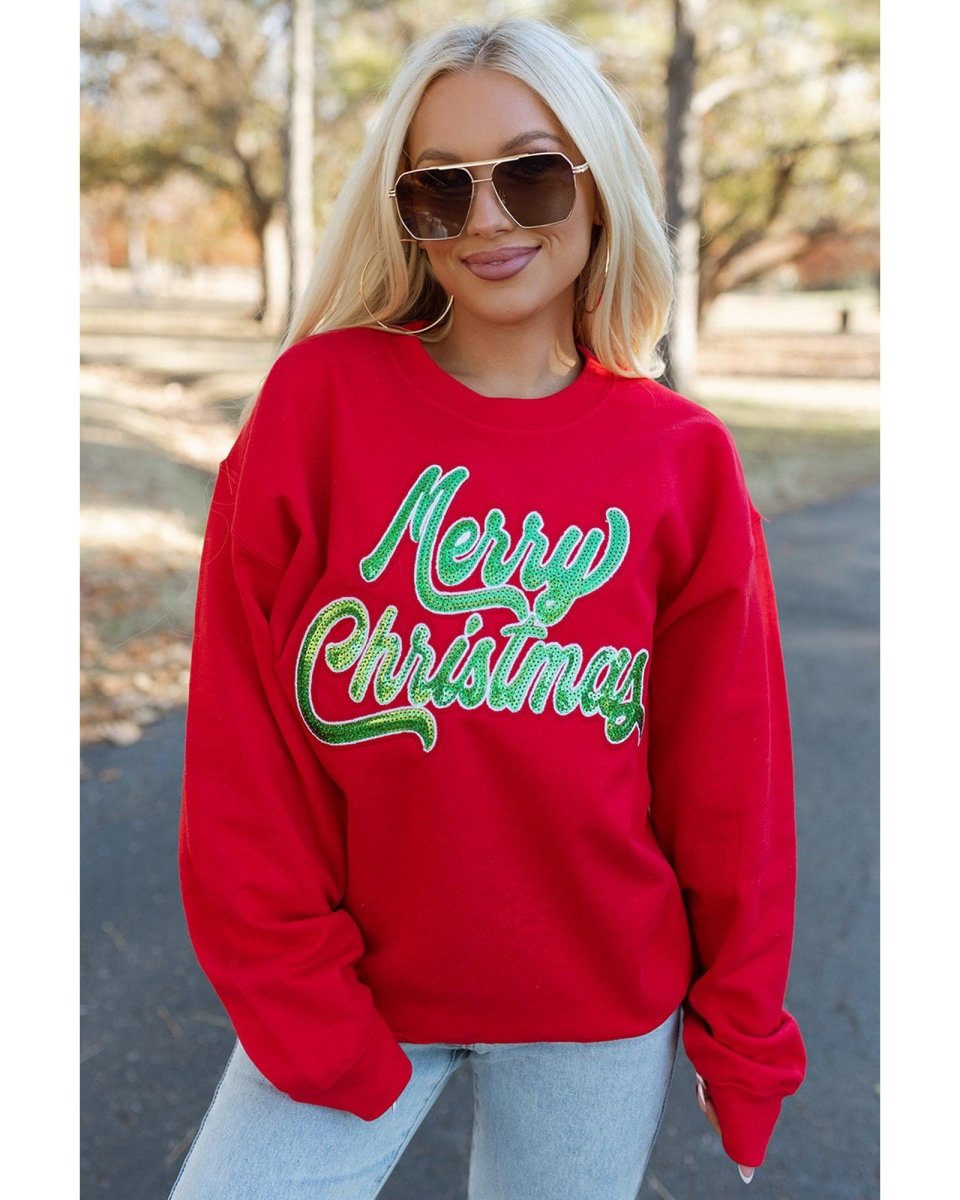 Red Merry Christmas Crewneck Drop Shoulder Loose Sweatshirt - XL