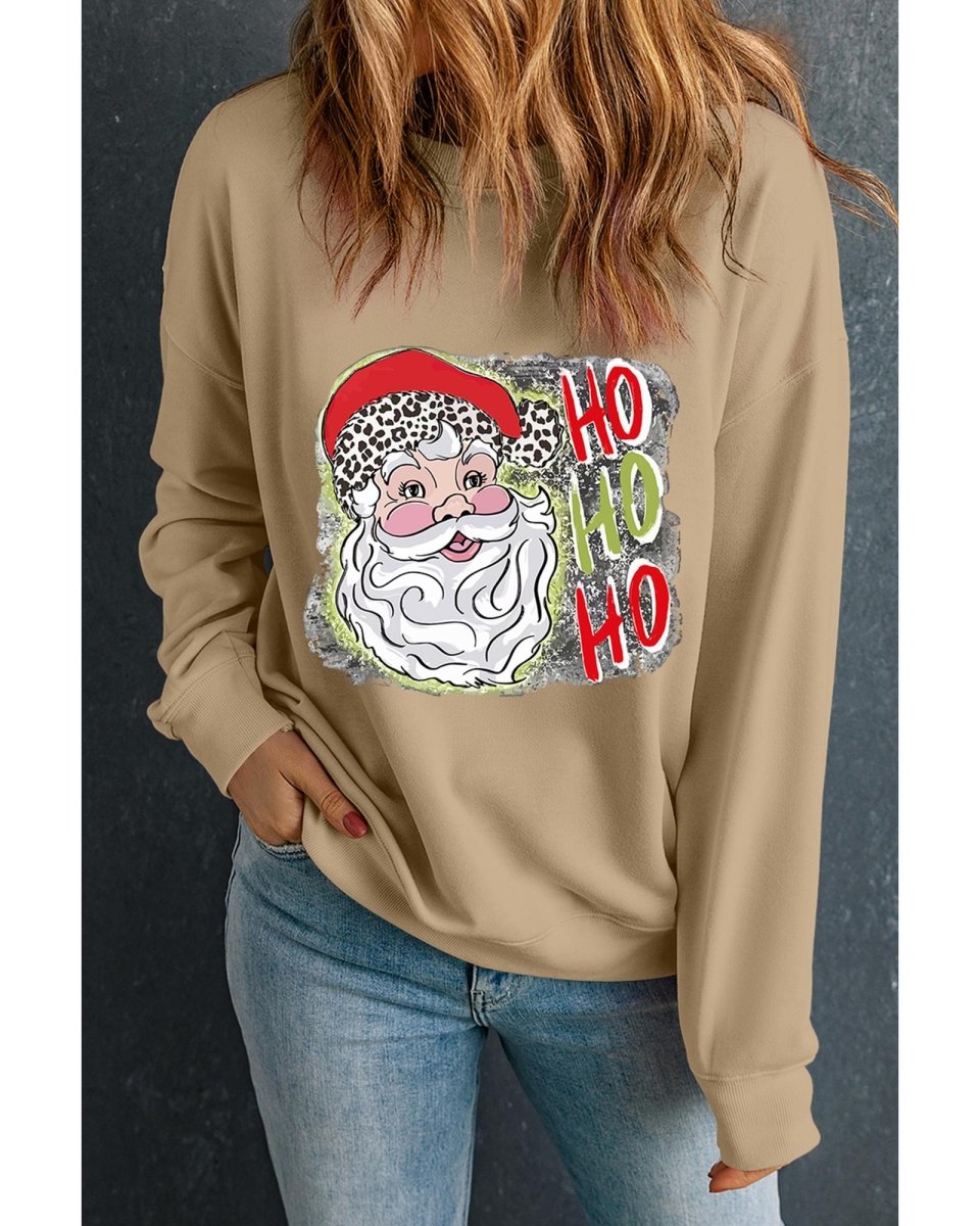 Khaki HOHOHO Santa Claus Drop Shoulder Christmas Sweatshirt - L