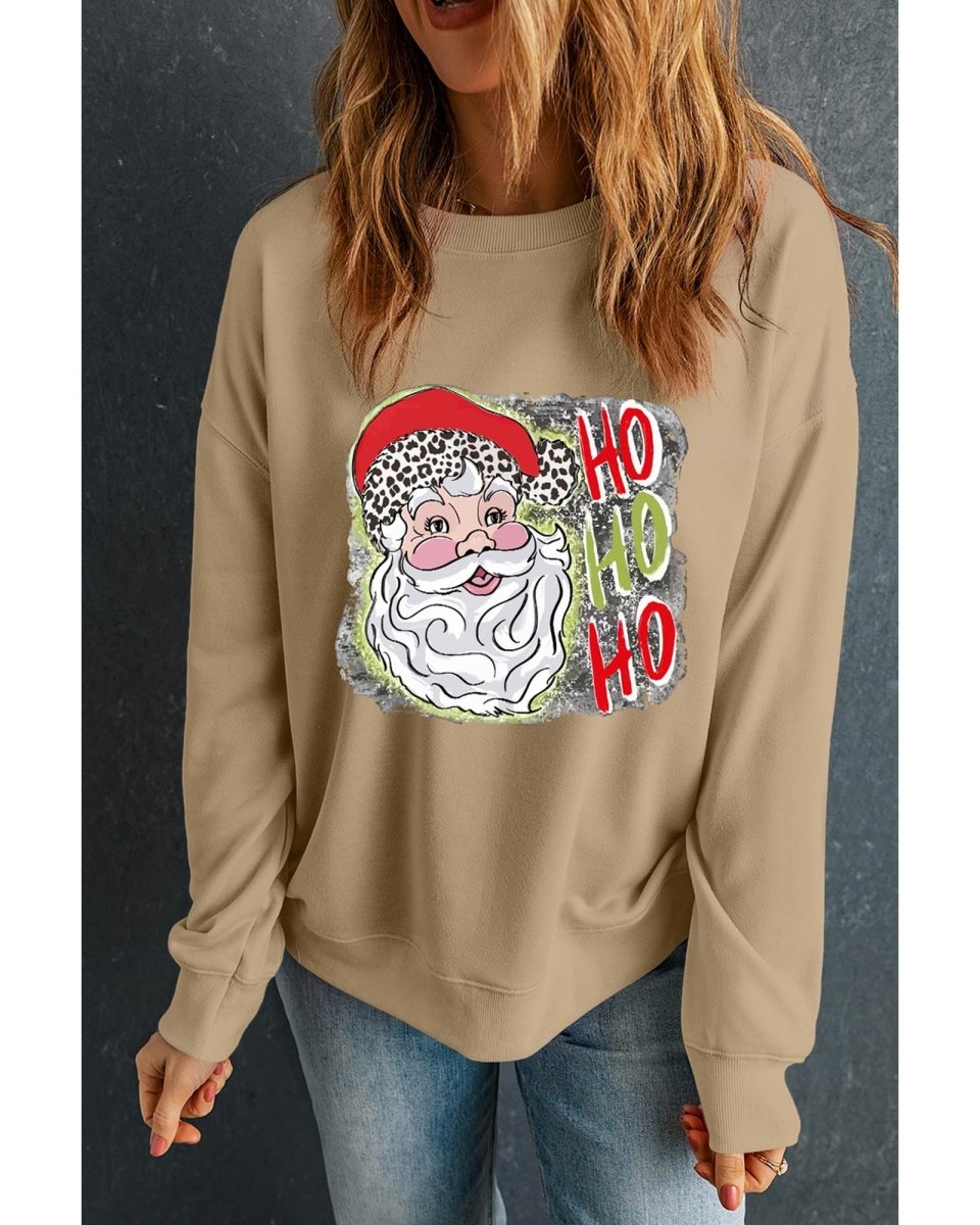 Khaki HOHOHO Santa Claus Drop Shoulder Christmas Sweatshirt - S