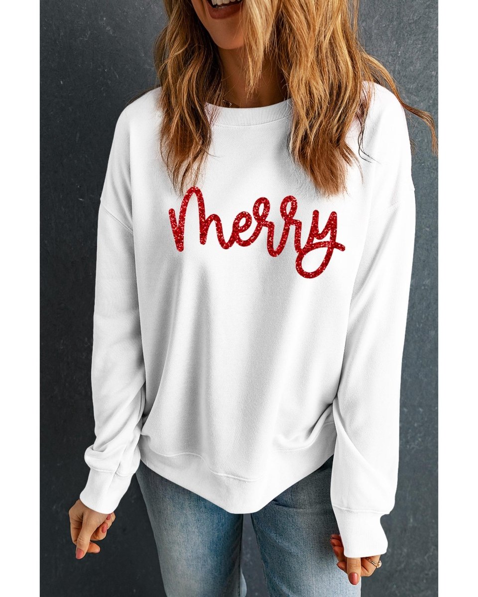 Beige Merry Graphic Christmas Crew Neck Sweatshirt - L