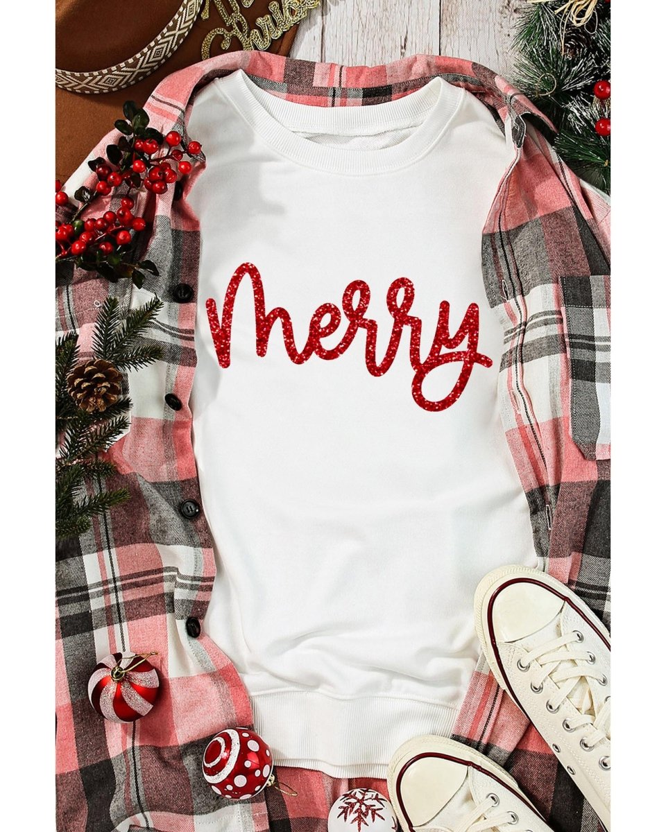 Beige Merry Graphic Christmas Crew Neck Sweatshirt - M