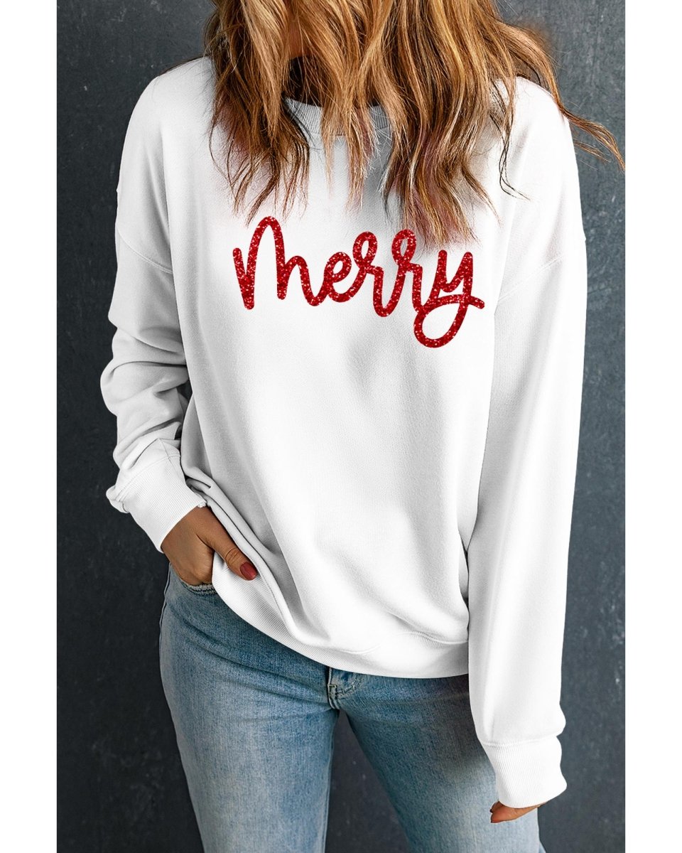 Beige Merry Graphic Christmas Crew Neck Sweatshirt - S