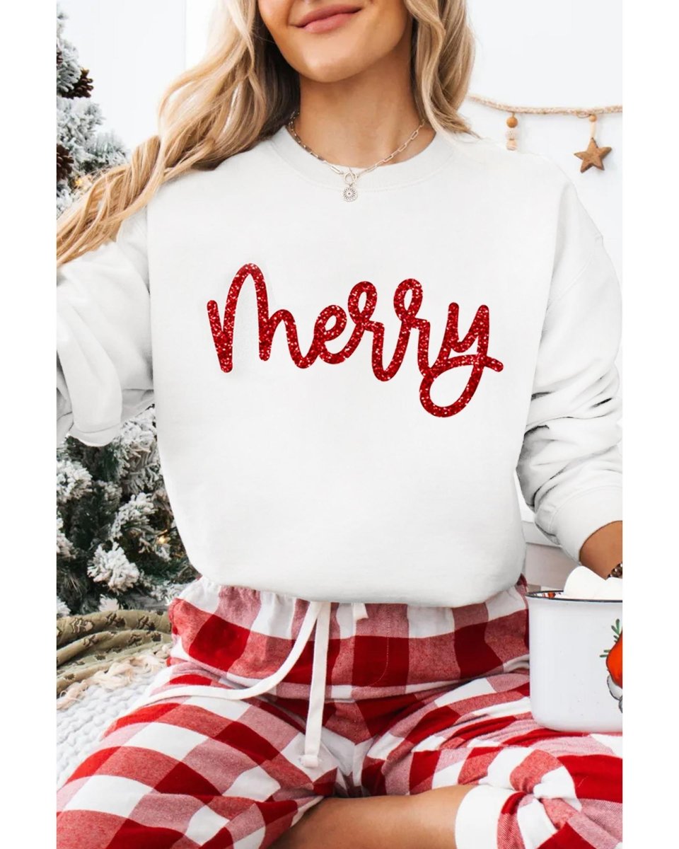 Beige Merry Graphic Christmas Crew Neck Sweatshirt - XL