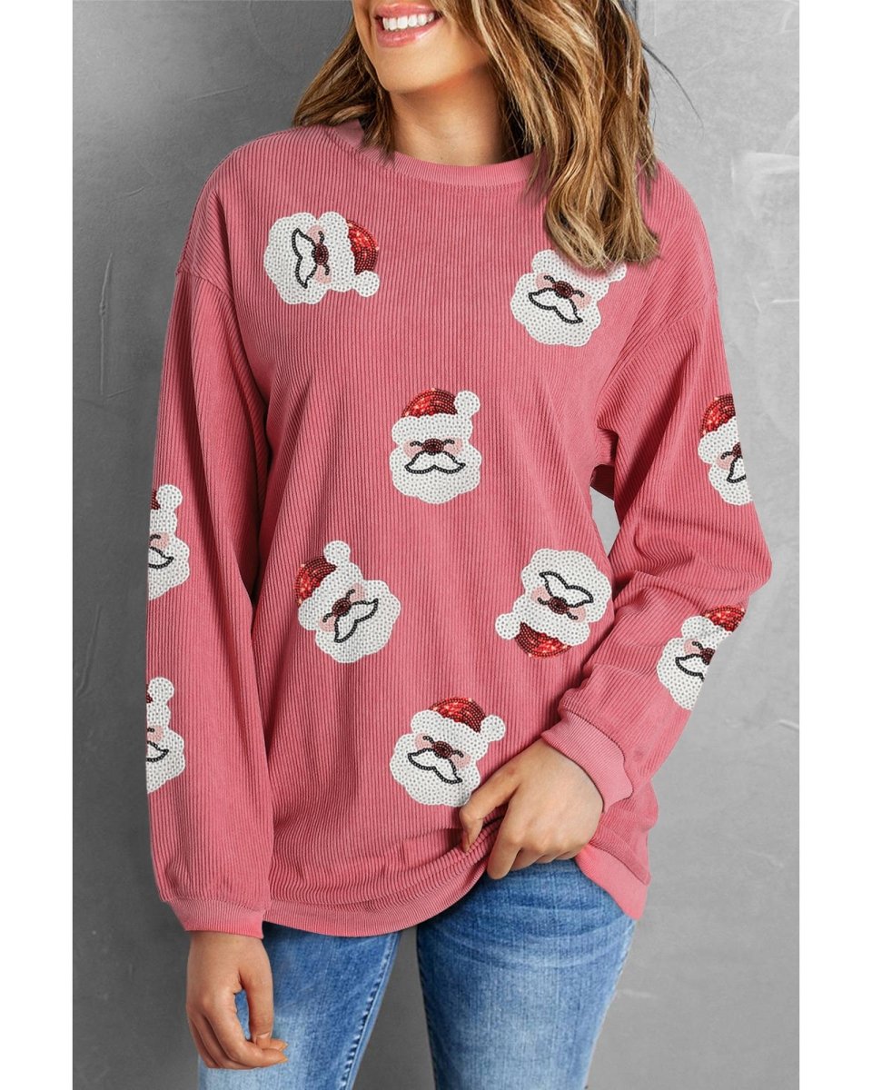 Strawberry Pink Sequin Santa Clause Christmas Corded Sweatshirt - L