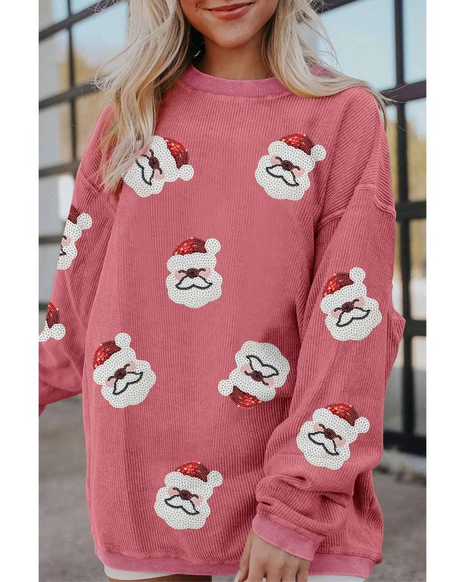 Strawberry Pink Sequin Santa Clause Christmas Corded Sweatshirt - M