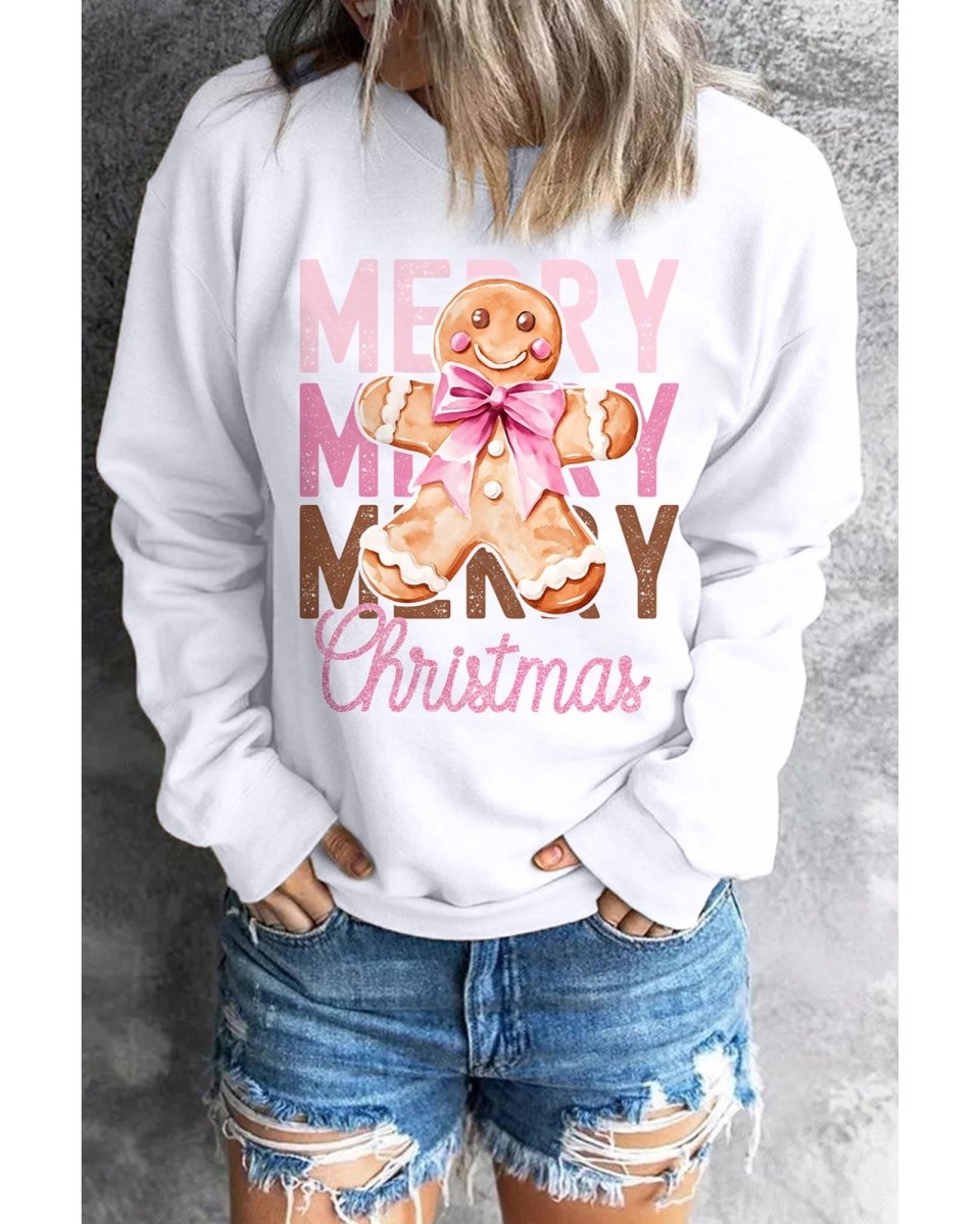 Beige Merry Christmas Gingerbread Man Graphic Sweatshirt - S