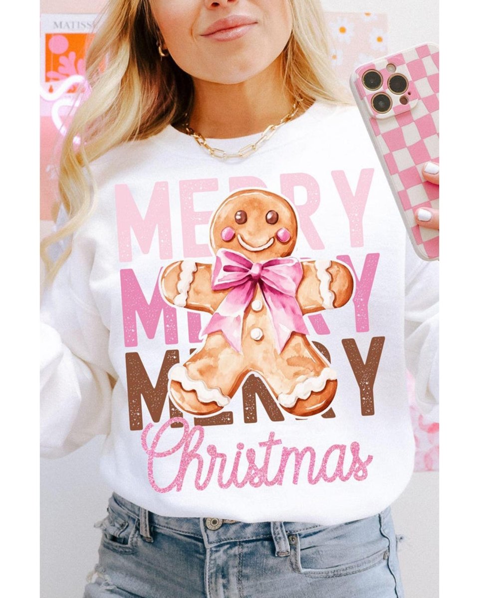 Beige Merry Christmas Gingerbread Man Graphic Sweatshirt - XL