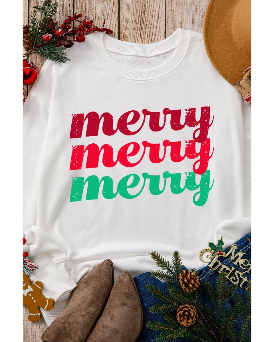Beige merry merry merry Printed Christmas Sweatshirt - L