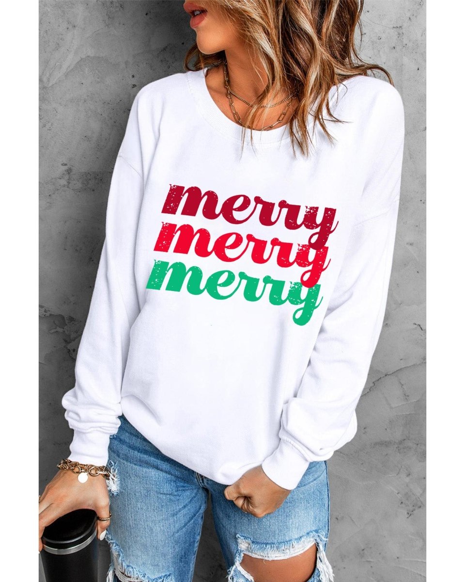Beige merry merry merry Printed Christmas Sweatshirt - M