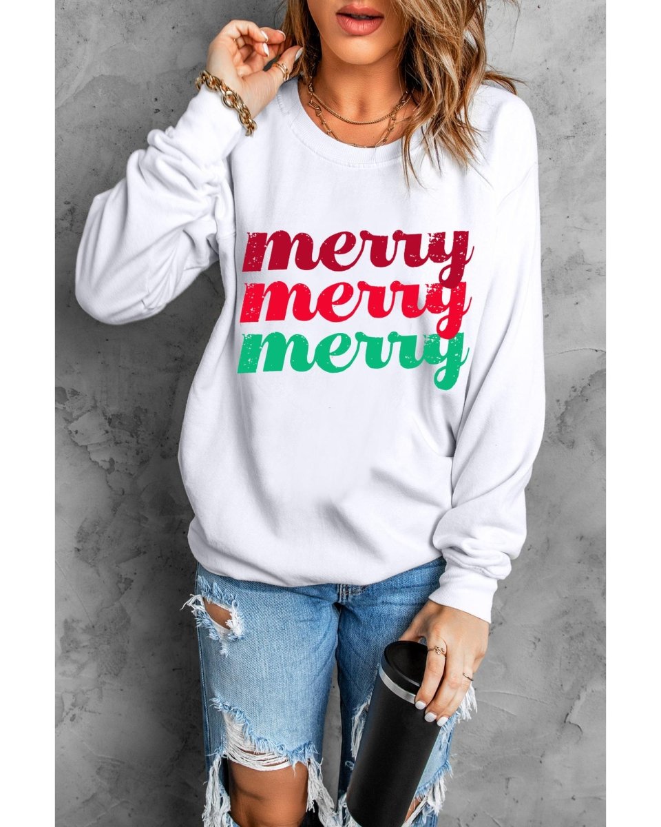 Beige merry merry merry Printed Christmas Sweatshirt - M