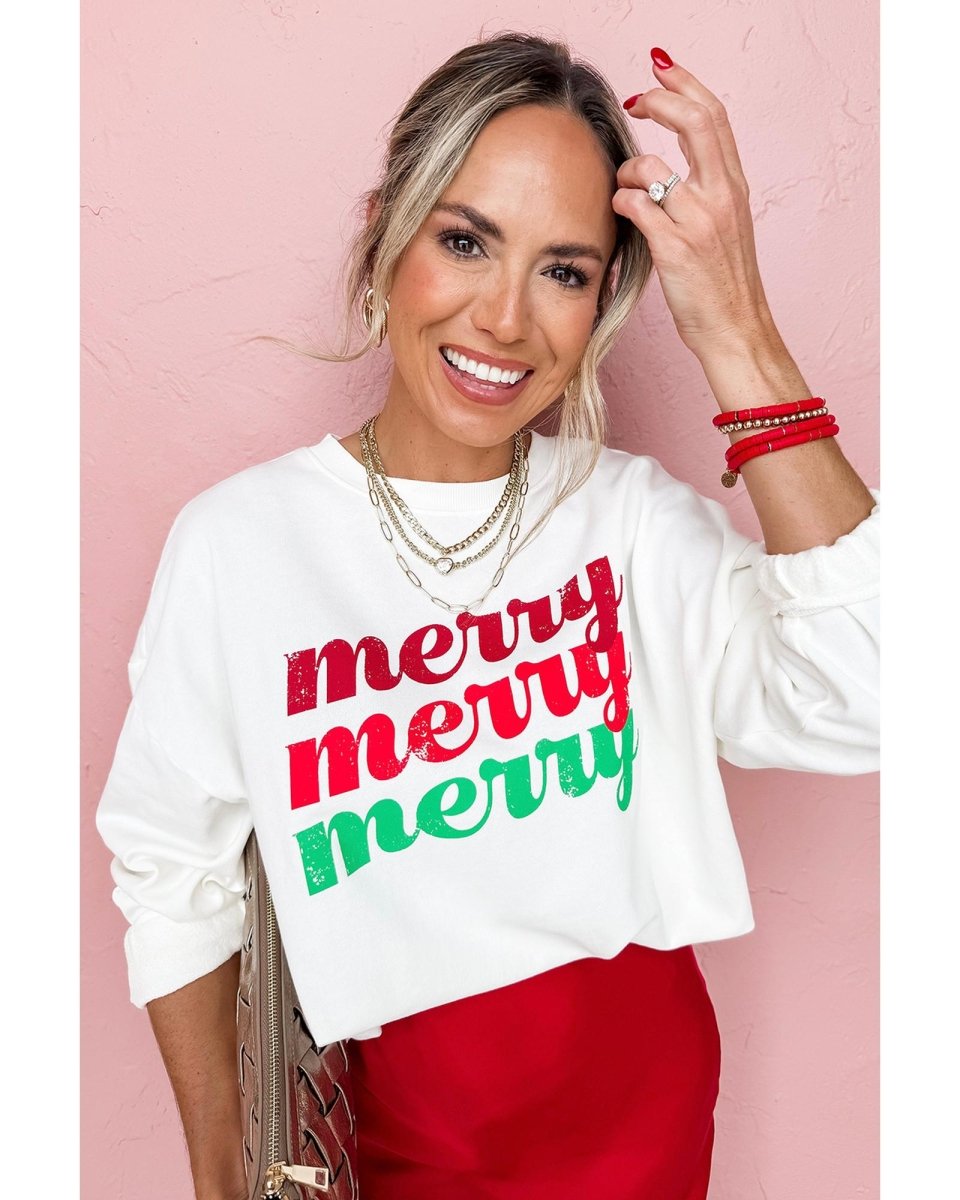 Beige merry merry merry Printed Christmas Sweatshirt - M