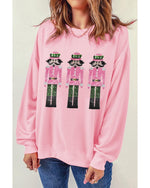 Pink Christmas Nutcracker Patched Pattern Drop Shoulder Sweatshirt - XL
