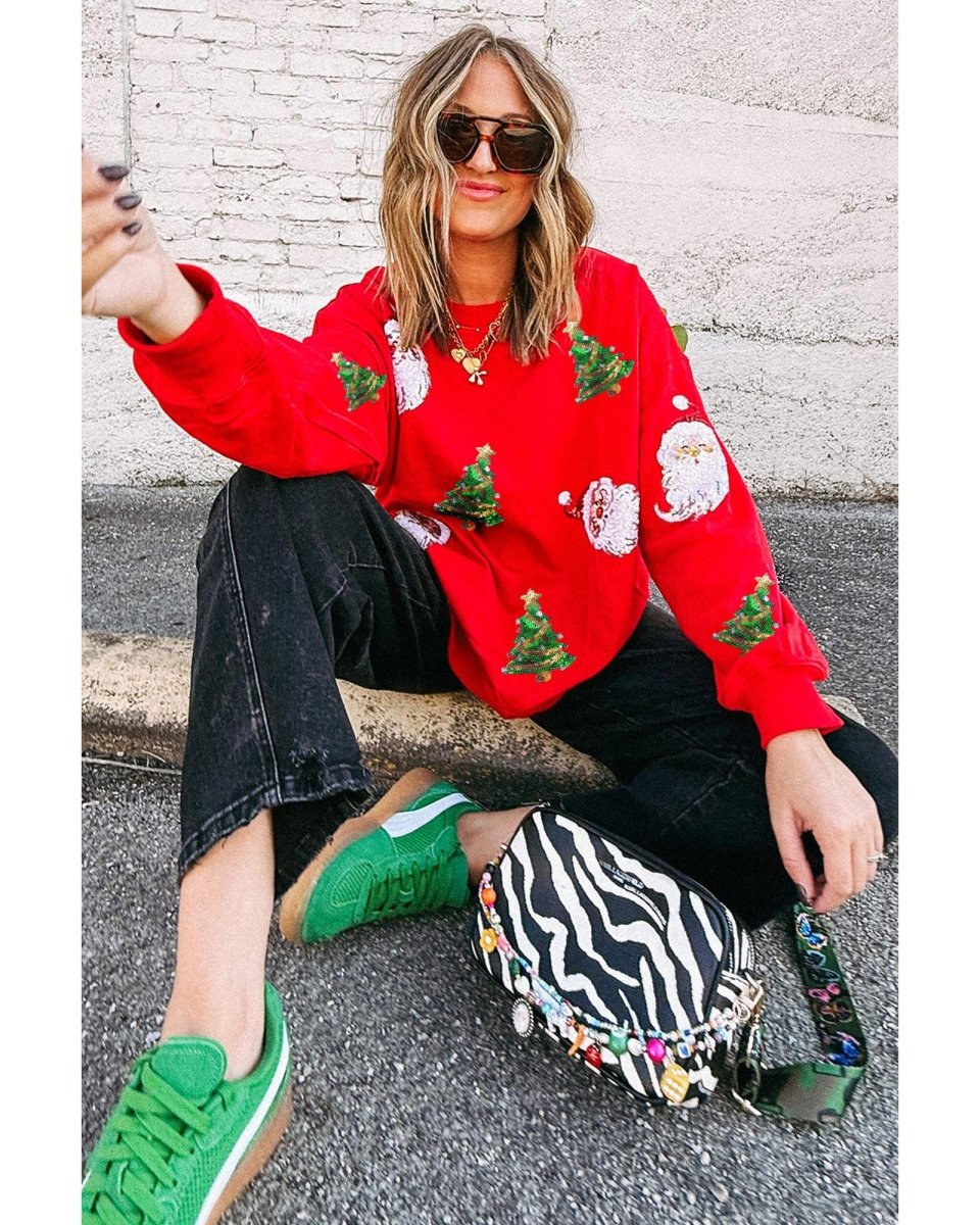 Red Santa Claus Christmas Tree Patched Pattern Drop Shoulder Sweatshirt - S