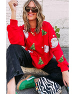 Red Santa Claus Christmas Tree Patched Pattern Drop Shoulder Sweatshirt - S