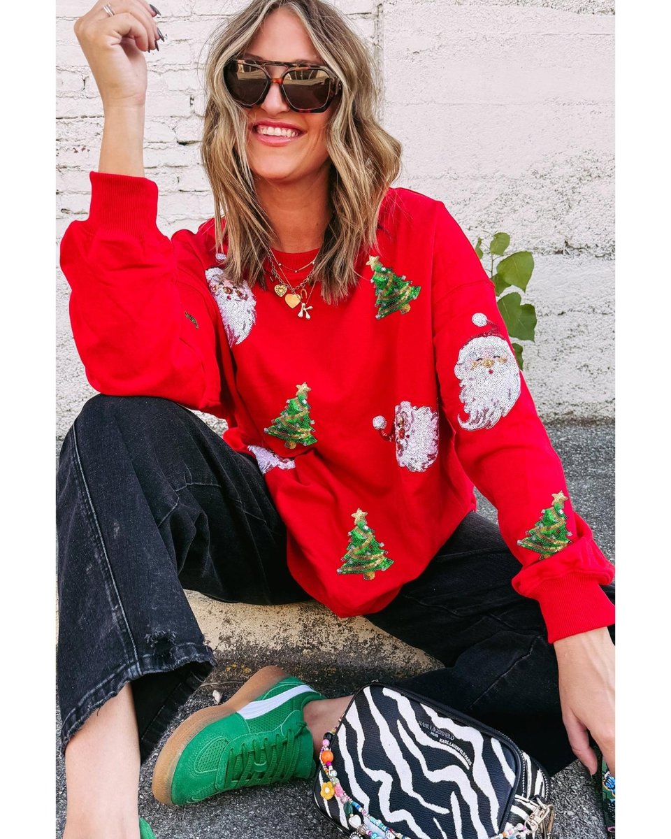 Red Santa Claus Christmas Tree Patched Pattern Drop Shoulder Sweatshirt - S
