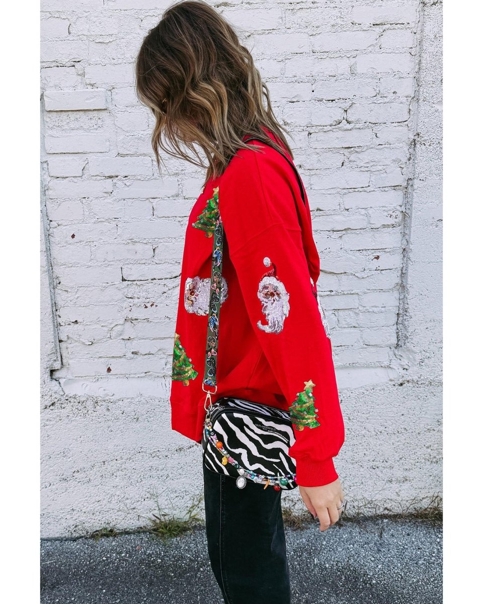 Red Santa Claus Christmas Tree Patched Pattern Drop Shoulder Sweatshirt - S
